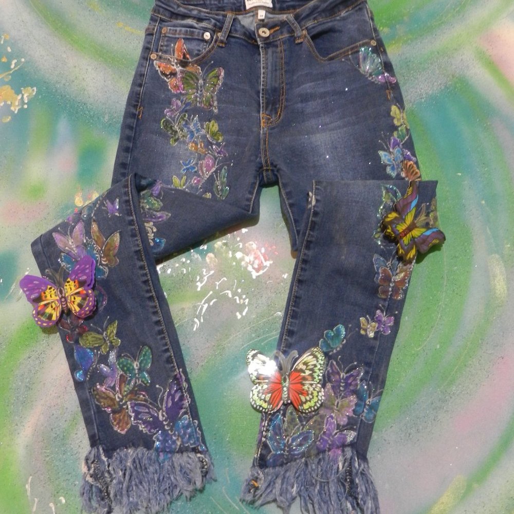 OOAK Metamorphosis butterfly statement jeans hand painted artisan denim SMALL - Picture 15 of 16